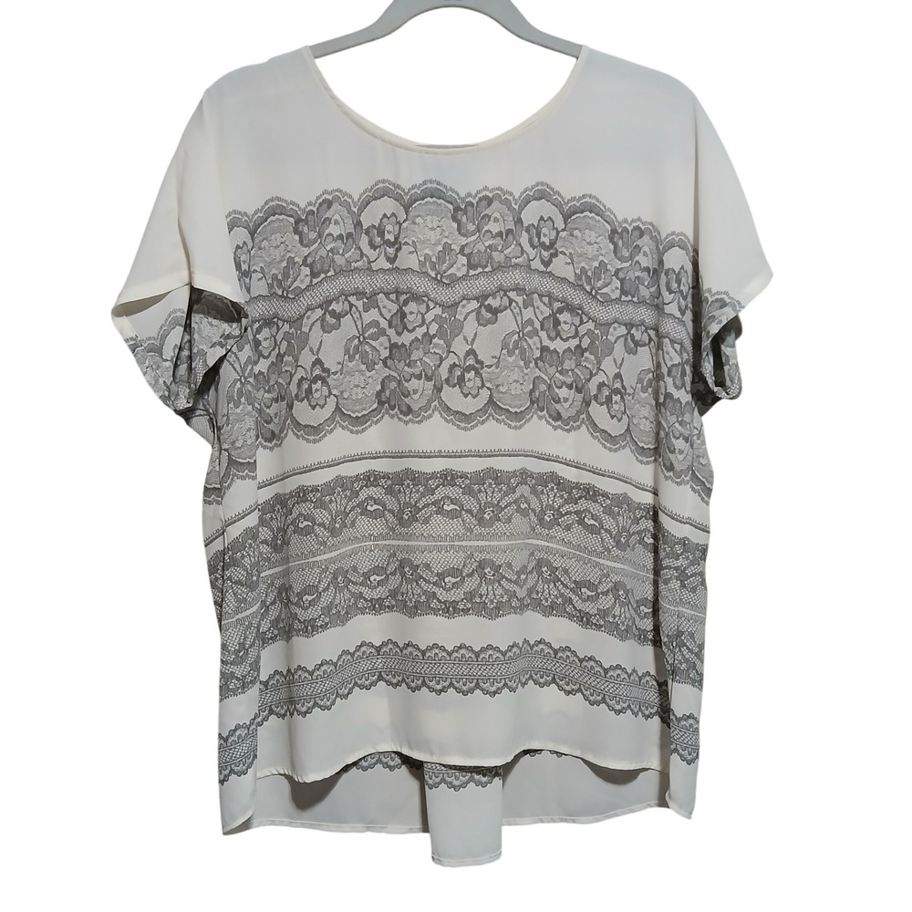Skies Are Blue Blouse Top Lace Trim Short Sleeve Elegant‎ Cream Size L